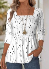 White Geometric Print Long Sleeve Square Neck Blouse