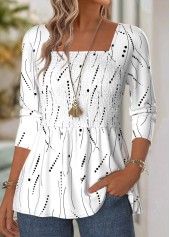 White Geometric Print Long Sleeve Square Neck Blouse | thumb picture 