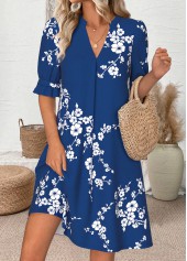 Navy Floral Print Short Half Sleeve Split Neck Dress