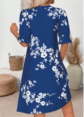 Navy Floral Print Short Half Sleeve Split Neck Dress | thumb picture 
