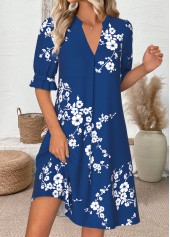 Navy Floral Print Short Half Sleeve Split Neck Dress | thumb picture 