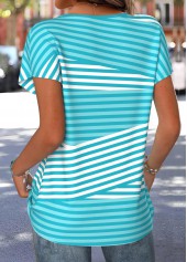 Cyan Striped Short Sleeve Round Neck T Shirt | thumb picture 