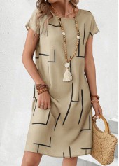 Light Camel Geometric Print Short Sleeve Round Neck Dress | thumb picture 