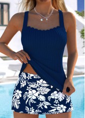 Mid Waisted Floral Print Navy Tankini Set