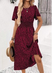 Deep Red Leopard Short Sleeve Round Neck Dress