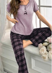 Light Purple Plaid Short Sleeve Lounge Top and Pants