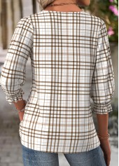 Light Camel Plaid 3/4 Sleeve Round Neck Blouse | thumb picture 