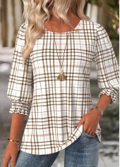 Light Camel Plaid 3/4 Sleeve Round Neck Blouse