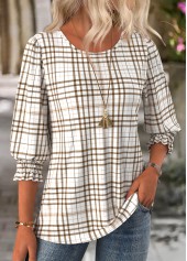 Light Camel Plaid 3/4 Sleeve Round Neck Blouse | thumb picture 