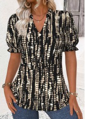 Black Geometric Print Short Sleeve Stand Collar Blouse