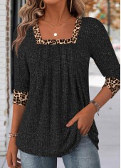 Black Leopard Long Sleeve Square Neck T Shirt