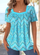 Cyan Geometric Print Short Sleeve Square Neck T Shirt