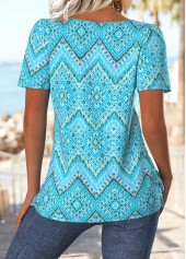 Cyan Geometric Print Short Sleeve Square Neck T Shirt | thumb picture 