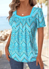 Cyan Geometric Print Short Sleeve Square Neck T Shirt | thumb picture 