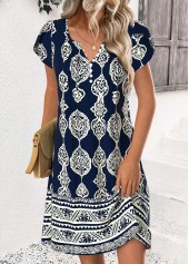 Navy Tribal Print Short Split Neck Dress