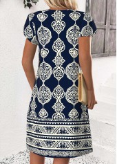 Navy Tribal Print Short Split Neck Dress | thumb picture 