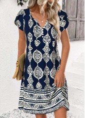 Navy Tribal Print Short Split Neck Dress | thumb picture 