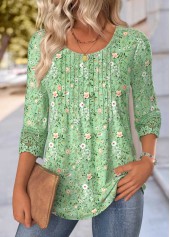 Light Green Ditsy Floral Print 3/4 Sleeve T Shirt