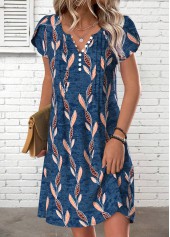 Blue Tummy Coverage Leaf Print Short Split Neck Dress | thumb picture 