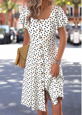 White Polka Dot Short Sleeve Square Neck Dress