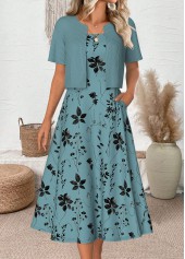Cyan Leaf Print 3/4 Sleeve Dress and Cardigan