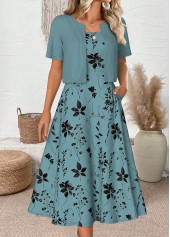 Cyan Leaf Print 3/4 Sleeve Dress and Cardigan | thumb picture 