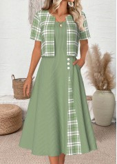 Light Green Plaid 3/4 Sleeve Dress and Cardigan