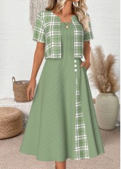 Light Green Plaid 3/4 Sleeve Dress and Cardigan | thumb picture 