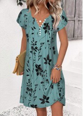 Turquoise Leaf Print Short Split Neck Dress