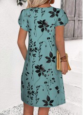 Turquoise Leaf Print Short Split Neck Dress | thumb picture 