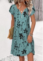 Turquoise Leaf Print Short Split Neck Dress | thumb picture 