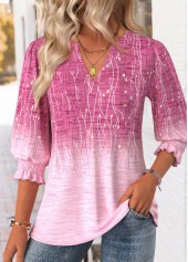 Pink Tummy Coverage Ombre 3/4 Sleeve Split Neck Blouse