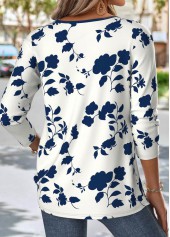 Navy Floral Print Long Sleeve Split Neck T Shirt | thumb picture 