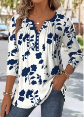 Navy Floral Print Long Sleeve Split Neck T Shirt