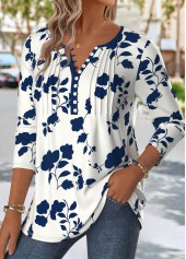 Navy Floral Print Long Sleeve Split Neck T Shirt | thumb picture 