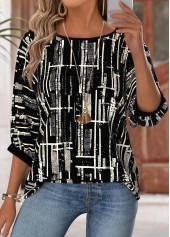 Black Geometric Print 3/4 Sleeve Round Neck Blouse