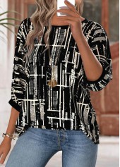 Black Geometric Print 3/4 Sleeve Round Neck Blouse | thumb picture 