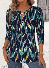 Navy Leaf Print Long Sleeve Split Neck Blouse