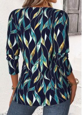 Navy Leaf Print Long Sleeve Split Neck Blouse | thumb picture 