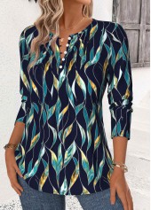 Navy Leaf Print Long Sleeve Split Neck Blouse | thumb picture 
