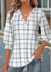 Multi Color Smocked Plaid 3/4 Sleeve Split Neck Blouse