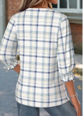 Multi Color Smocked Plaid 3/4 Sleeve Split Neck Blouse | thumb picture 