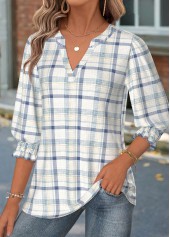 Multi Color Smocked Plaid 3/4 Sleeve Split Neck Blouse | thumb picture 