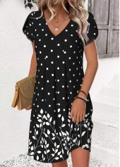 Black Polka Dot Short V Neck Dress