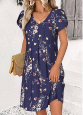 Navy Floral Print Short V Neck Dress