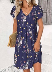 Navy Floral Print Short V Neck Dress | thumb picture 
