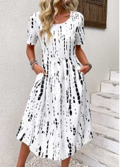 Black Geometric Print Short Sleeve Round Neck Dress