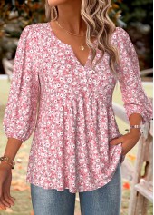 Pink Ditsy Floral Print 3/4 Sleeve Split Neck Blouse | thumb picture 