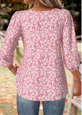 Pink Ditsy Floral Print 3/4 Sleeve Split Neck Blouse | thumb picture 