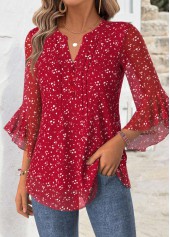 Red Floral Print 3/4 Sleeve Split Neck Blouse | thumb picture 